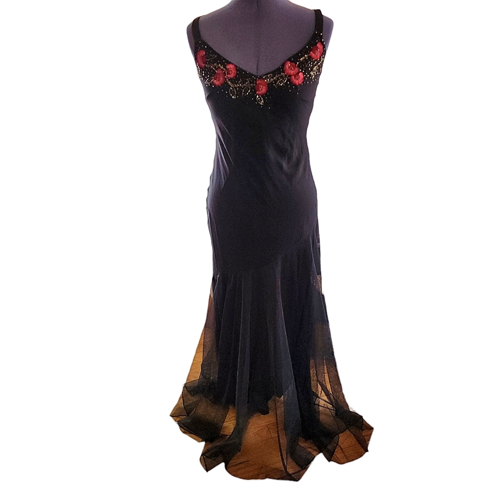 Vintage Xscape by Joanna Chen Dress Black Silk Beaded Maxi Slip Long Formal Hoco